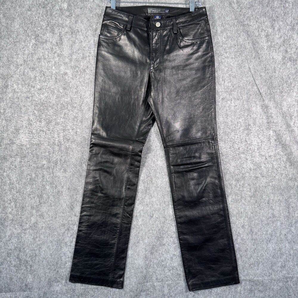 Gap Leather Pants Womens Size 4 Black Boot Cut Biker Grunge Y2K Lined - Picture 1 of 10